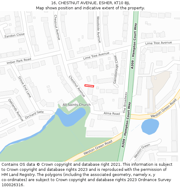 16, CHESTNUT AVENUE, ESHER, KT10 8JL: Location map and indicative extent of plot