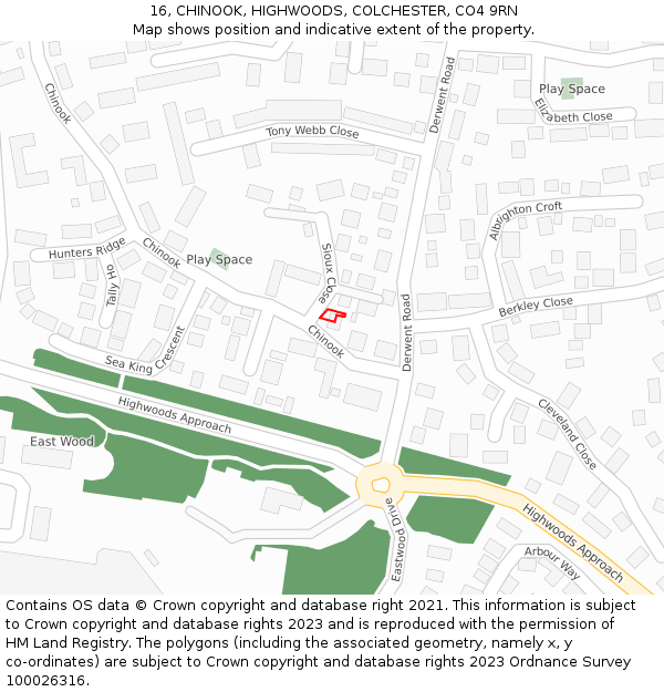 16, CHINOOK, HIGHWOODS, COLCHESTER, CO4 9RN: Location map and indicative extent of plot