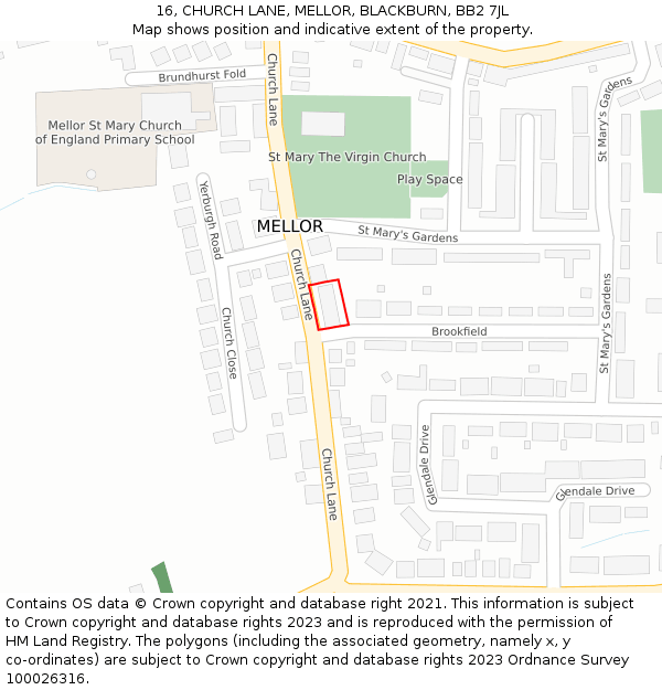 16, CHURCH LANE, MELLOR, BLACKBURN, BB2 7JL: Location map and indicative extent of plot