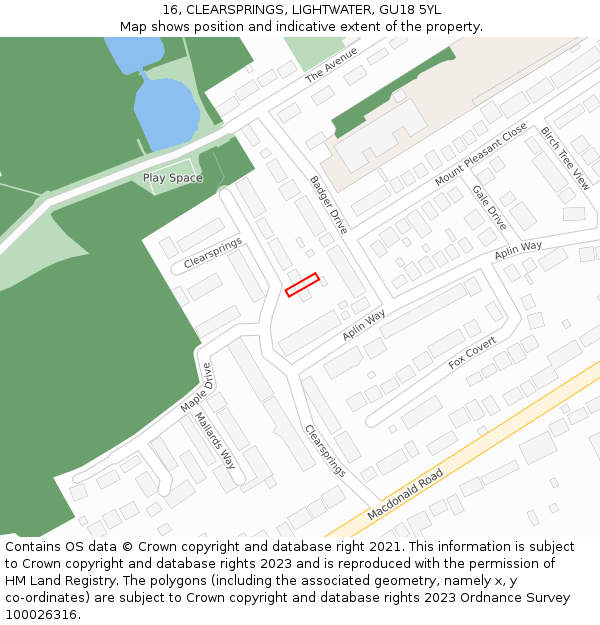 16, CLEARSPRINGS, LIGHTWATER, GU18 5YL: Location map and indicative extent of plot