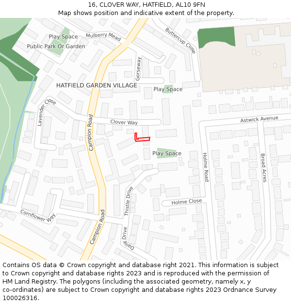 16, CLOVER WAY, HATFIELD, AL10 9FN: Location map and indicative extent of plot
