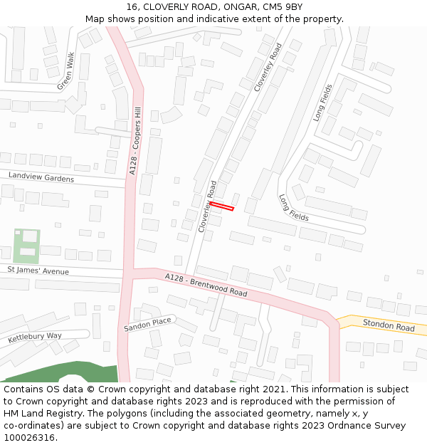 16, CLOVERLY ROAD, ONGAR, CM5 9BY: Location map and indicative extent of plot