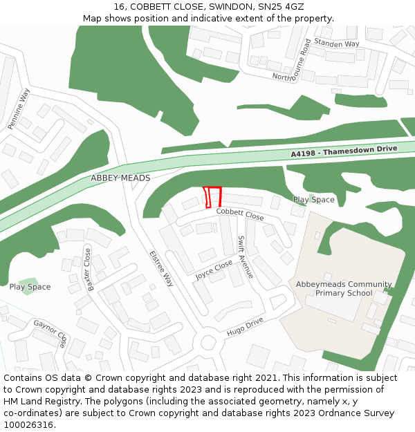 16, COBBETT CLOSE, SWINDON, SN25 4GZ: Location map and indicative extent of plot