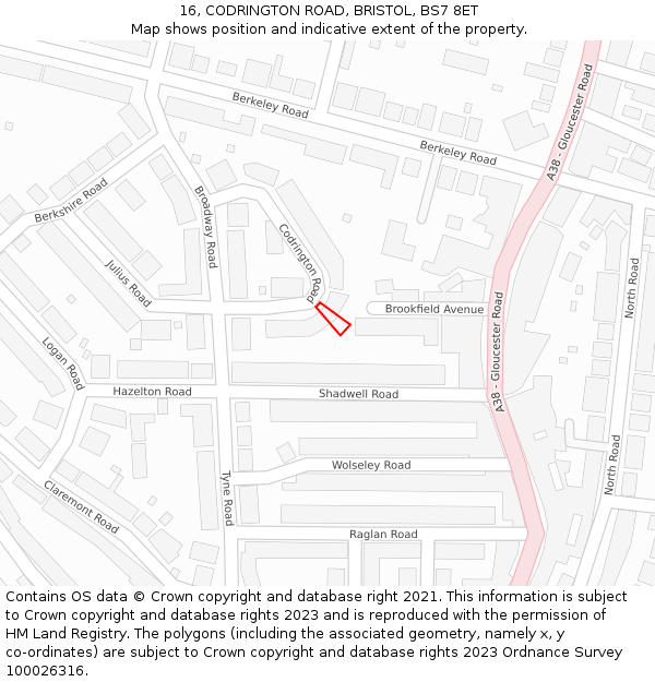 16, CODRINGTON ROAD, BRISTOL, BS7 8ET: Location map and indicative extent of plot
