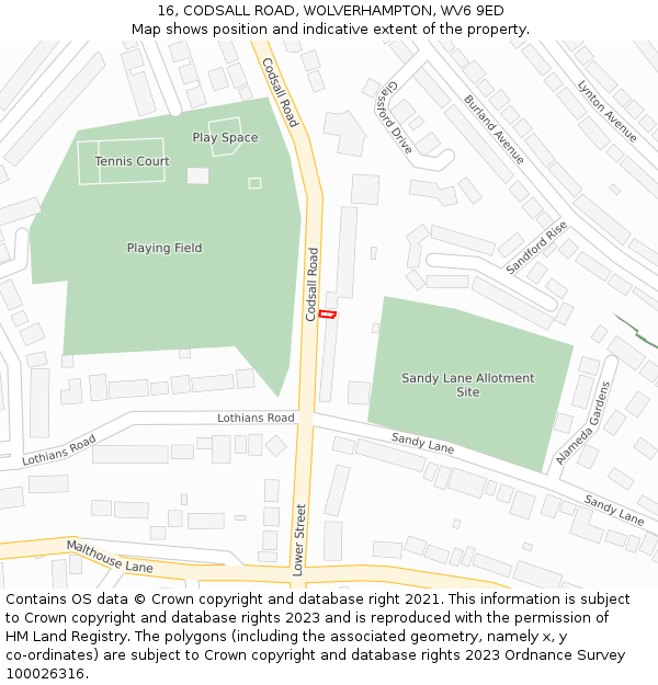 16, CODSALL ROAD, WOLVERHAMPTON, WV6 9ED: Location map and indicative extent of plot