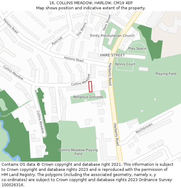 16, COLLINS MEADOW, HARLOW, CM19 4EP: Location map and indicative extent of plot