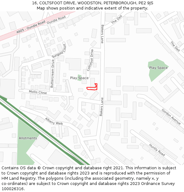16, COLTSFOOT DRIVE, WOODSTON, PETERBOROUGH, PE2 9JS: Location map and indicative extent of plot