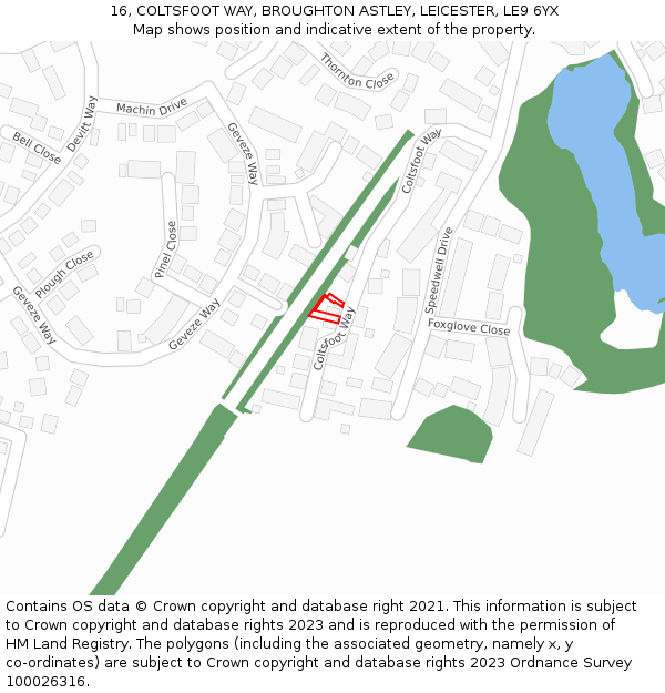 16, COLTSFOOT WAY, BROUGHTON ASTLEY, LEICESTER, LE9 6YX: Location map and indicative extent of plot