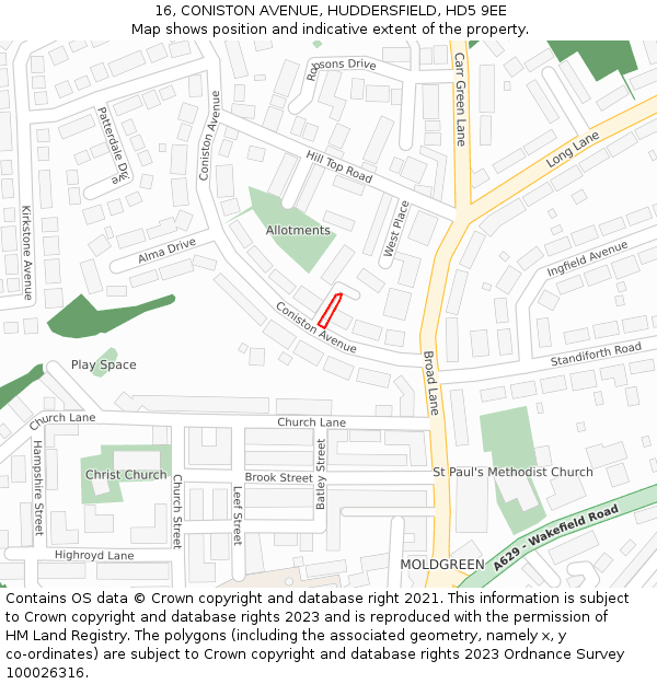 16, CONISTON AVENUE, HUDDERSFIELD, HD5 9EE: Location map and indicative extent of plot