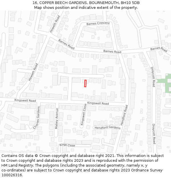 16, COPPER BEECH GARDENS, BOURNEMOUTH, BH10 5DB: Location map and indicative extent of plot