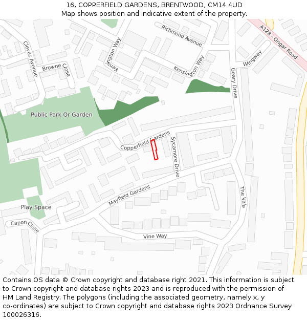 16, COPPERFIELD GARDENS, BRENTWOOD, CM14 4UD: Location map and indicative extent of plot