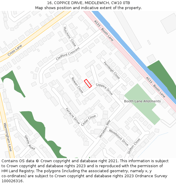 16, COPPICE DRIVE, MIDDLEWICH, CW10 0TB: Location map and indicative extent of plot
