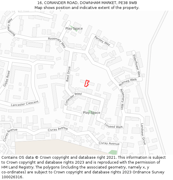 16, CORIANDER ROAD, DOWNHAM MARKET, PE38 9WB: Location map and indicative extent of plot