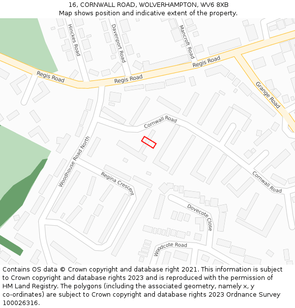 16, CORNWALL ROAD, WOLVERHAMPTON, WV6 8XB: Location map and indicative extent of plot