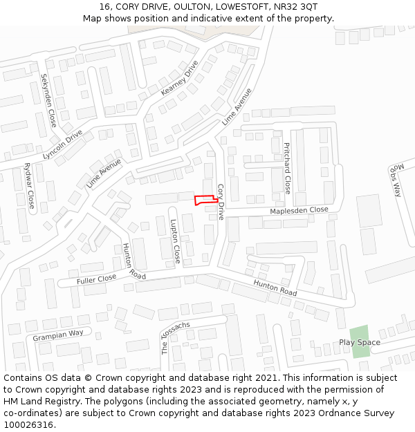 16, CORY DRIVE, OULTON, LOWESTOFT, NR32 3QT: Location map and indicative extent of plot