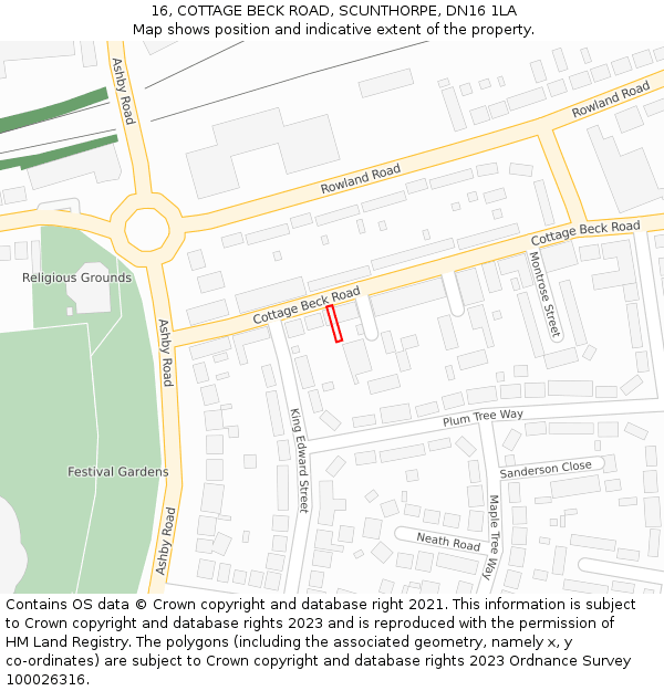 16, COTTAGE BECK ROAD, SCUNTHORPE, DN16 1LA: Location map and indicative extent of plot