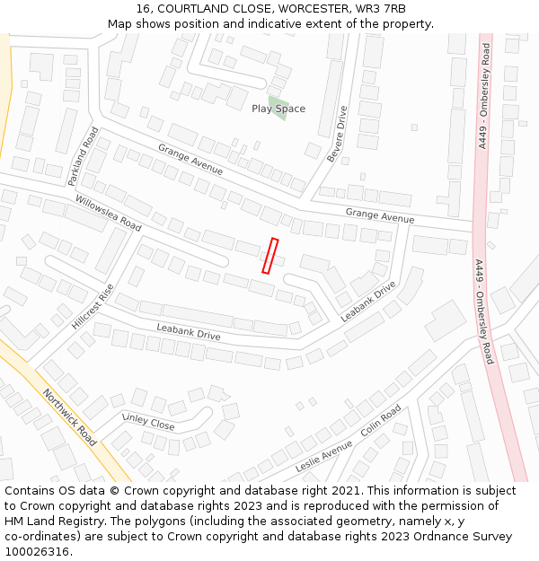 16, COURTLAND CLOSE, WORCESTER, WR3 7RB: Location map and indicative extent of plot