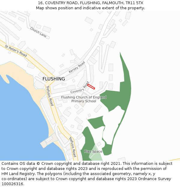 16, COVENTRY ROAD, FLUSHING, FALMOUTH, TR11 5TX: Location map and indicative extent of plot