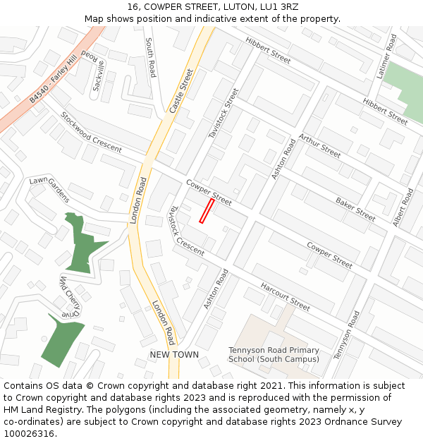 16, COWPER STREET, LUTON, LU1 3RZ: Location map and indicative extent of plot