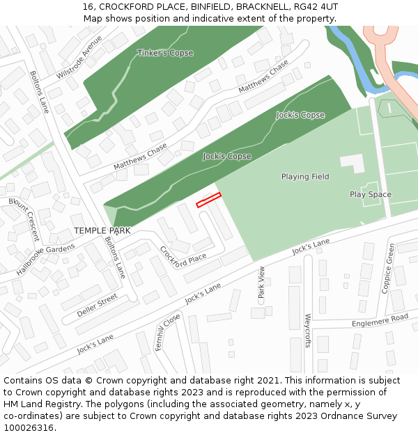 16, CROCKFORD PLACE, BINFIELD, BRACKNELL, RG42 4UT: Location map and indicative extent of plot