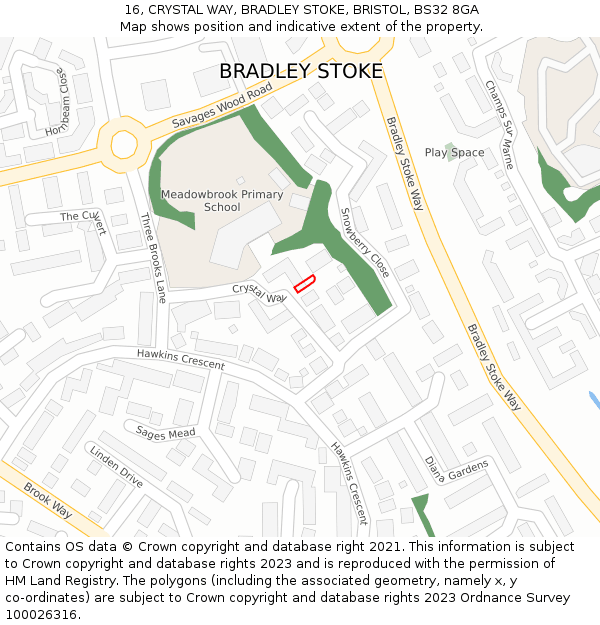 16, CRYSTAL WAY, BRADLEY STOKE, BRISTOL, BS32 8GA: Location map and indicative extent of plot