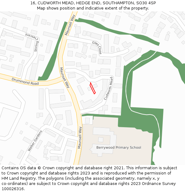 16, CUDWORTH MEAD, HEDGE END, SOUTHAMPTON, SO30 4SP: Location map and indicative extent of plot