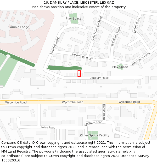 16, DANBURY PLACE, LEICESTER, LE5 0AZ: Location map and indicative extent of plot