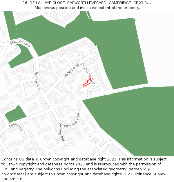 16, DE LA HAYE CLOSE, PAPWORTH EVERARD, CAMBRIDGE, CB23 3UU: Location map and indicative extent of plot