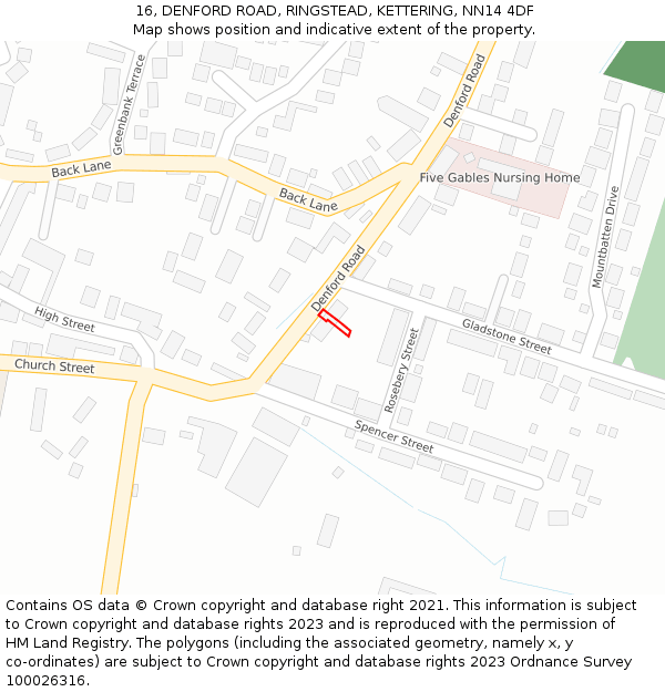 16, DENFORD ROAD, RINGSTEAD, KETTERING, NN14 4DF: Location map and indicative extent of plot