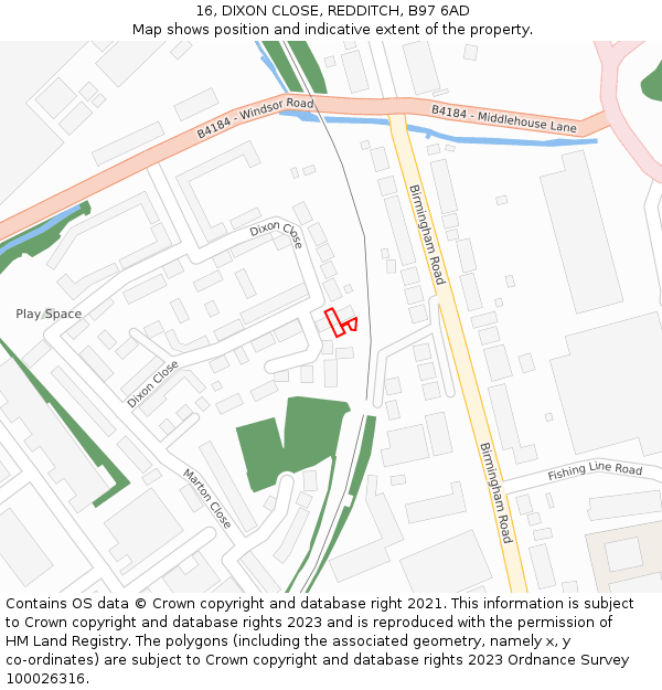 16, DIXON CLOSE, REDDITCH, B97 6AD: Location map and indicative extent of plot