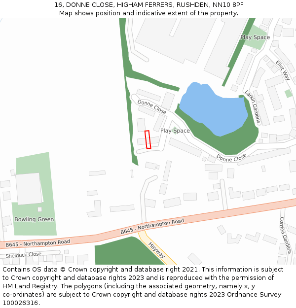 16, DONNE CLOSE, HIGHAM FERRERS, RUSHDEN, NN10 8PF: Location map and indicative extent of plot
