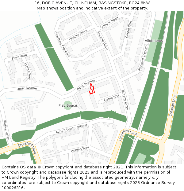 16, DORIC AVENUE, CHINEHAM, BASINGSTOKE, RG24 8NW: Location map and indicative extent of plot