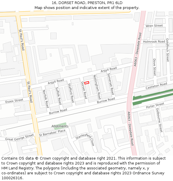 16, DORSET ROAD, PRESTON, PR1 6LD: Location map and indicative extent of plot
