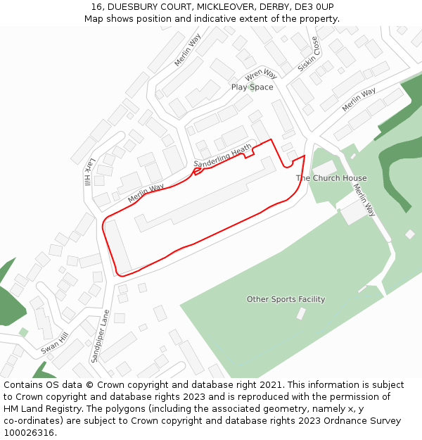 16, DUESBURY COURT, MICKLEOVER, DERBY, DE3 0UP: Location map and indicative extent of plot
