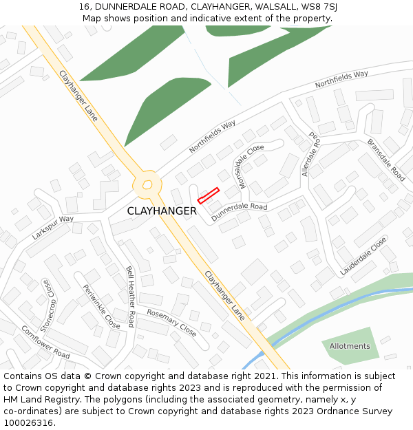 16, DUNNERDALE ROAD, CLAYHANGER, WALSALL, WS8 7SJ: Location map and indicative extent of plot