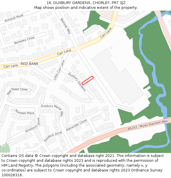16, DUXBURY GARDENS, CHORLEY, PR7 3JZ: Location map and indicative extent of plot