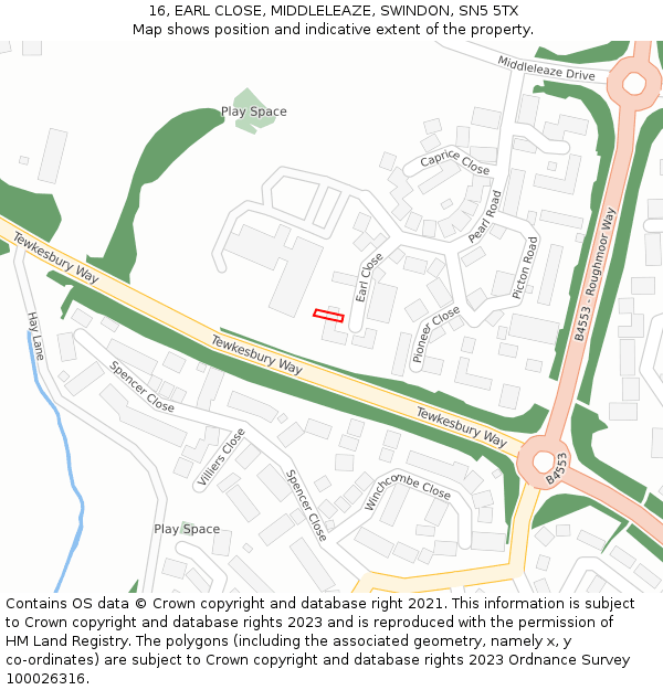 16, EARL CLOSE, MIDDLELEAZE, SWINDON, SN5 5TX: Location map and indicative extent of plot