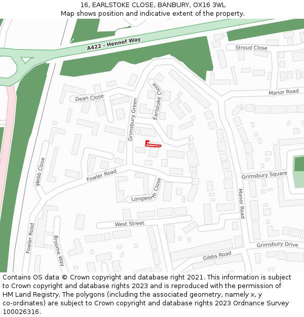 16, EARLSTOKE CLOSE, BANBURY, OX16 3WL: Location map and indicative extent of plot