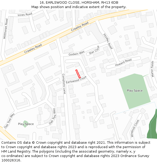 16, EARLSWOOD CLOSE, HORSHAM, RH13 6DB: Location map and indicative extent of plot