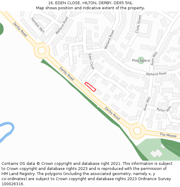 16, EDEN CLOSE, HILTON, DERBY, DE65 5NL: Location map and indicative extent of plot