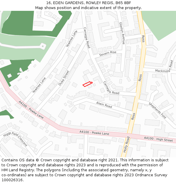 16, EDEN GARDENS, ROWLEY REGIS, B65 8BF: Location map and indicative extent of plot