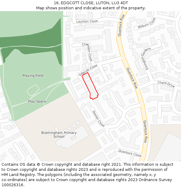 16, EDGCOTT CLOSE, LUTON, LU3 4DT: Location map and indicative extent of plot