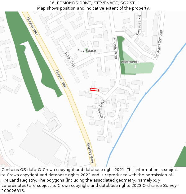 16, EDMONDS DRIVE, STEVENAGE, SG2 9TH: Location map and indicative extent of plot