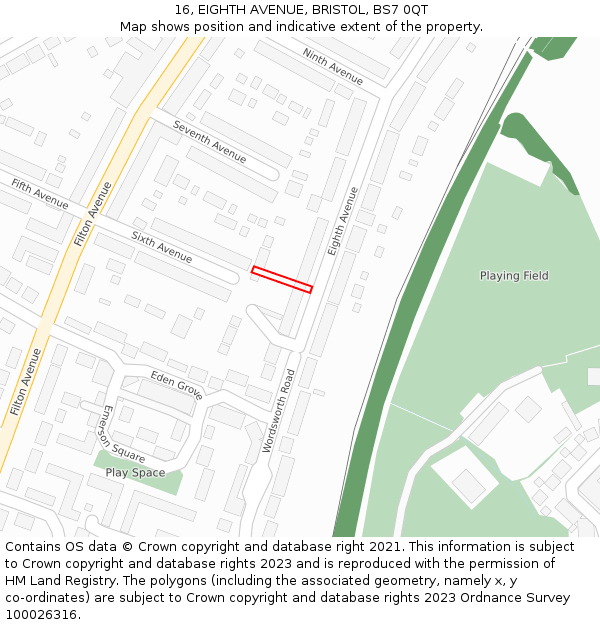 16, EIGHTH AVENUE, BRISTOL, BS7 0QT: Location map and indicative extent of plot