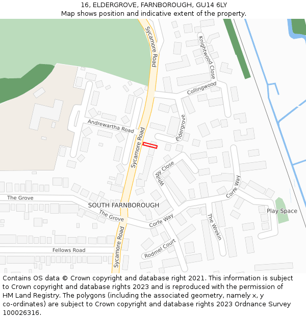 16, ELDERGROVE, FARNBOROUGH, GU14 6LY: Location map and indicative extent of plot