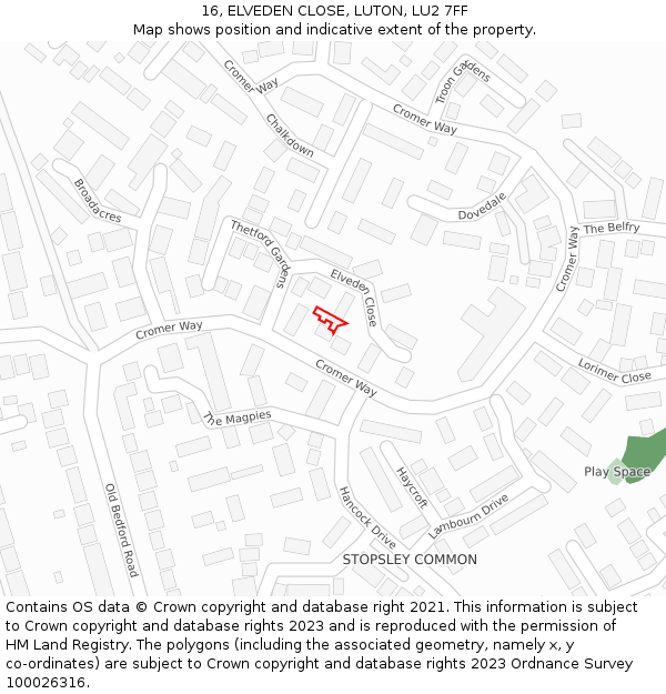 16, ELVEDEN CLOSE, LUTON, LU2 7FF: Location map and indicative extent of plot