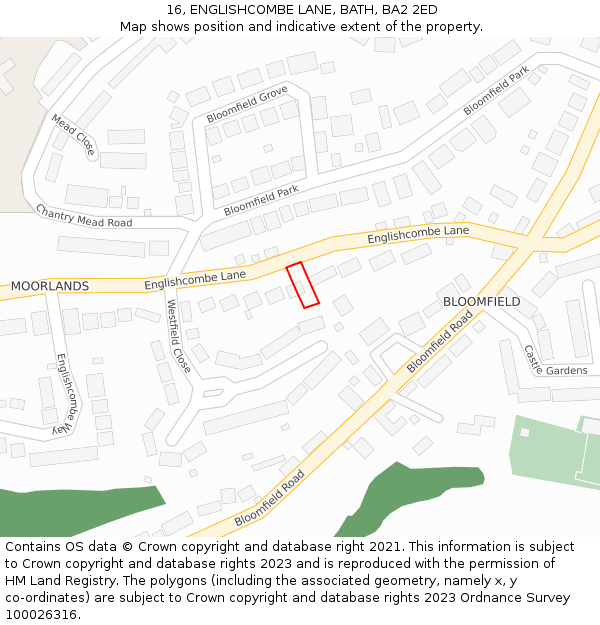 16, ENGLISHCOMBE LANE, BATH, BA2 2ED: Location map and indicative extent of plot