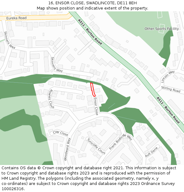 16, ENSOR CLOSE, SWADLINCOTE, DE11 8EH: Location map and indicative extent of plot
