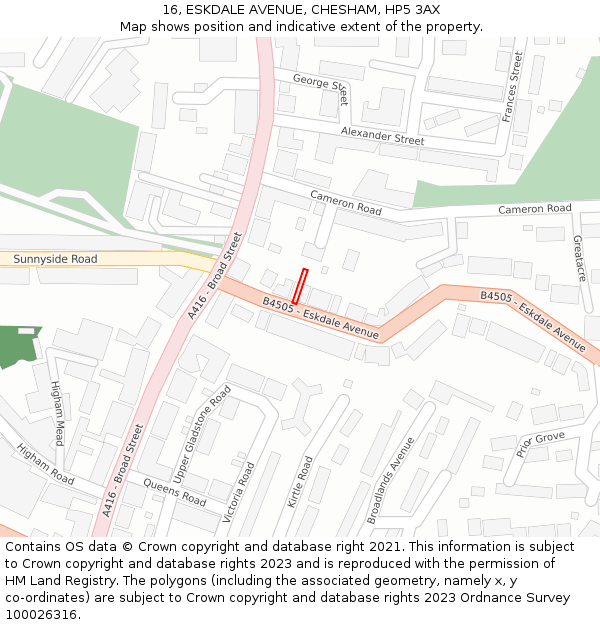 16, ESKDALE AVENUE, CHESHAM, HP5 3AX: Location map and indicative extent of plot