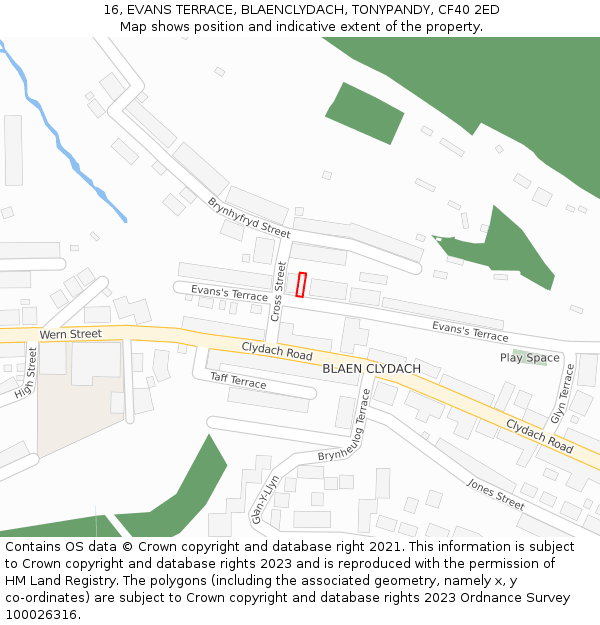 16, EVANS TERRACE, BLAENCLYDACH, TONYPANDY, CF40 2ED: Location map and indicative extent of plot
